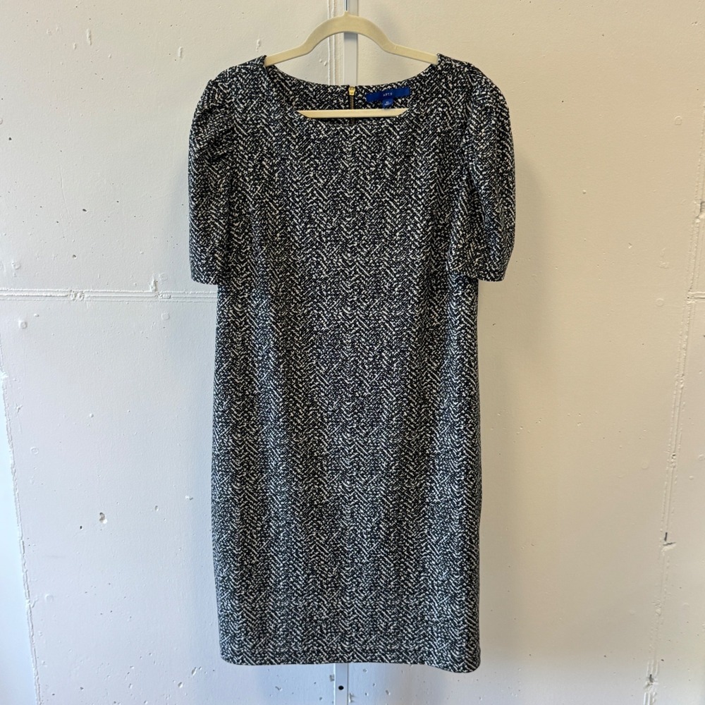 Apt 9 Abstract Herringbone Puff Sleeve Sheath Midi Dress Zipper XL Black White